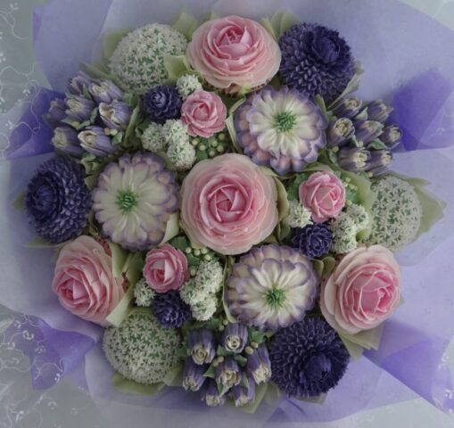 "Large Cupcake Bouquet Pastel Pink, Lilac, Purple"