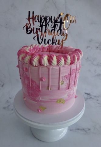"Pink Drip 40th Birthday Cake with Stencilling and Gold Leaf"