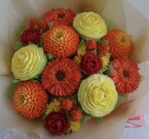 "Medium Deluxe Cupcake Bouquet Lemon, Orange, Red"