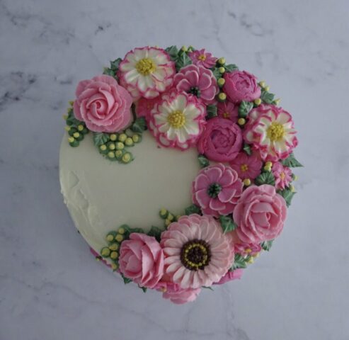 "Cascading Florals Cake Pinks Top View'