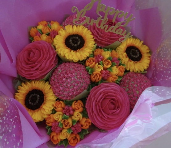 "Medium Deluxe Cupcake in Deep Pink and Yellow"