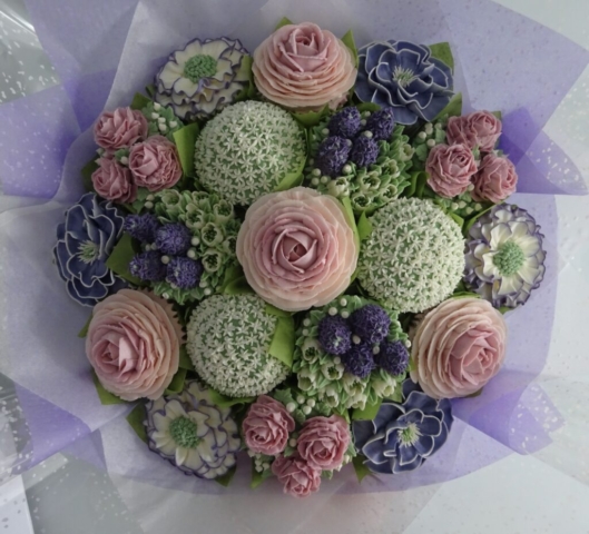 "Large Cupcake Bouquet in Dusky Pinks and Lilacs"