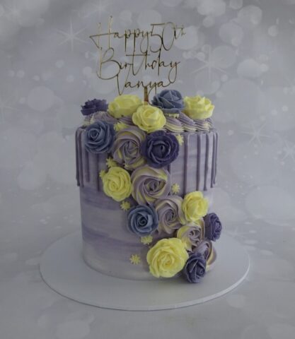 "Lilac and Lemon Floral Drip Cake"
