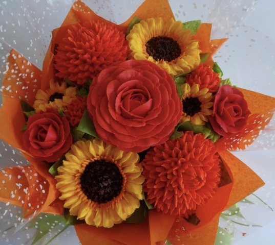 "Small Deluxe Cupcake Bouquet Reds, Oranges, Sunflowers"