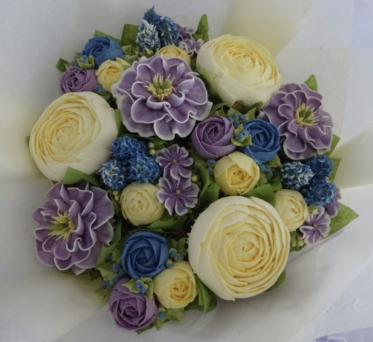 "Medium Deluxe Cupcake Bouquet in Lemon, Lilac and Cornflower Blue"