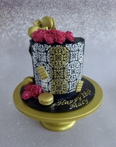"Stencilled Black, White, Gold Buttercream Cake with Roses"