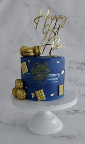 "Navy and Gold Buttercream with Stenciling and Macarons"
