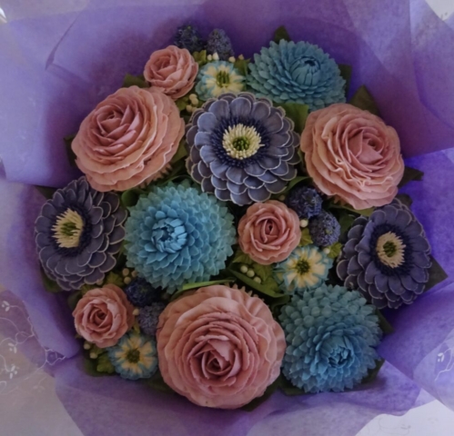 "Medium Deluxe Cupcake Bouquet in Dusky Pink, Cornflower Blue and Purple"