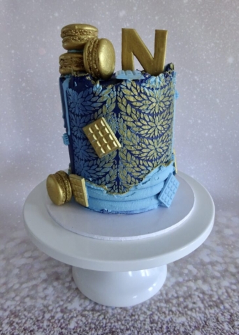 "Navy, Gold and Light Blue Stencilled Buttercream Cake"