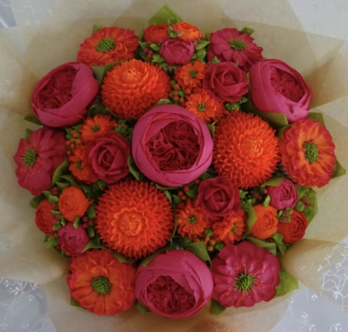 "Large Cupcake Bouquet Deep Pinks and Oranges"