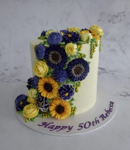"Cascading Florals Cake Purple and Yellow"