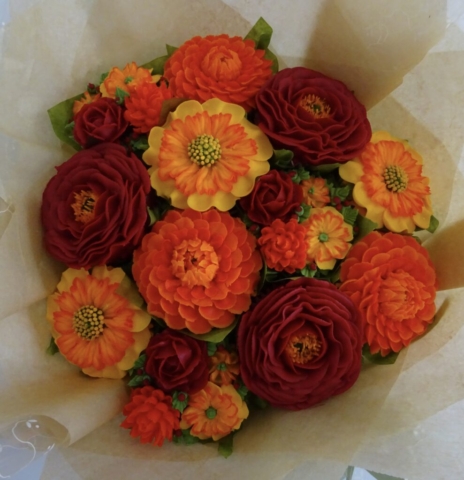 "Medium Deluxe Cupcake Bouquet in Orange, Yellow, Deep Red"