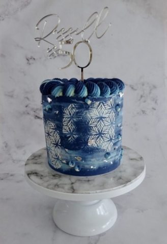 "Navy and Silver Stencilled Buttercream Cake"