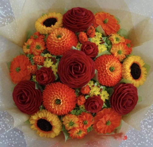 "Large Cupcake Bouquet Deep Red, Orange, Yellow"