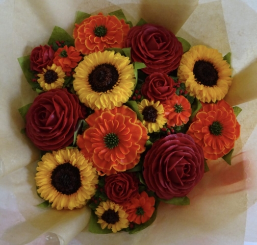 "Medium Deluxe Cupcake Bouquet in Orange, Yellow, Deep Red"
