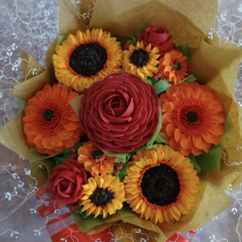 "Small Deluxe Cupcake Bouquet Reds, Oranges, Sunflowers"