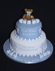 "Blue and White Two Tier Teddy Christening Cake"