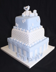 "Blue White Three Tier Christening Cake"