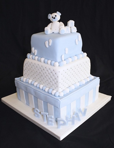 "Blue White Three Tier Christening Cake"