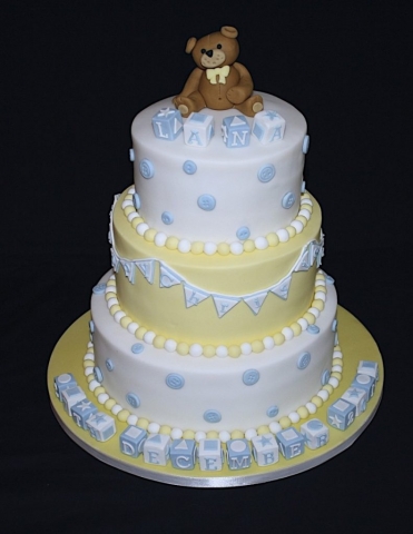 "Yellow and White Three Tier Teddy Christening Cake"