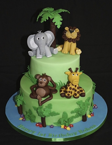 "Jungle Two Tier 1st Birthday Cake"