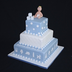 "Blue and White Three Tier Square Baptism Cake"