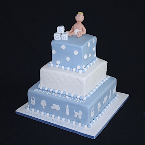 "Blue and White Three Tier Square Baptism Cake"