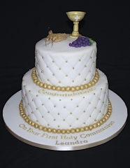 "White and Gold Two Tier First Holy Communion Cake"