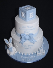 "Blue and White Bunny Three Tier Christening Cake"