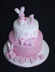 "Pink andWhite Bunny Two Tier Christening 1st Birthday Cake"