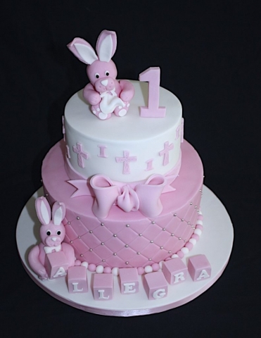 "Pink andWhite Bunny Two Tier Christening 1st Birthday Cake"