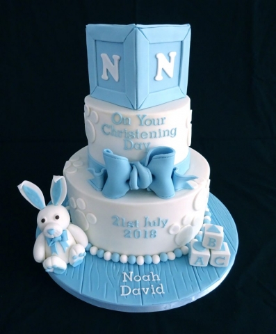 "Boys Three Tier Christening with Bunny Cake"
