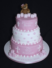 "Pink and White Three Tier Teddy Baptism Cake"