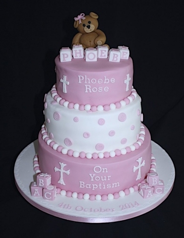 "Pink and White Three Tier Teddy Baptism Cake"