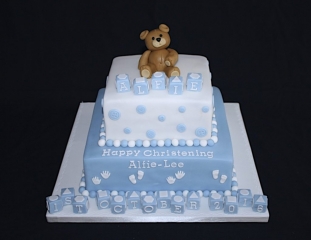 "Blue andWhite Square Two Tier Teddy Christening Cake"