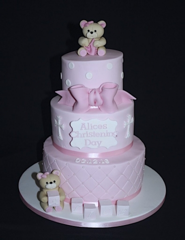 "Pink Teddy Three Tier Christening Cake"