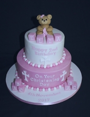 "Pink and White Two Tier Teddy Christening and 2nd Birthday Cake"