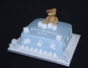 "Blue Single Tier Square Teddy Christening Cake"