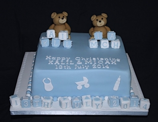 "Blue Square Single Tier Twins Christening Cake"