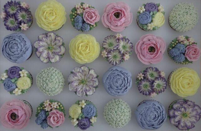 "Boxed Floral cupcakes in Spring Pastels"