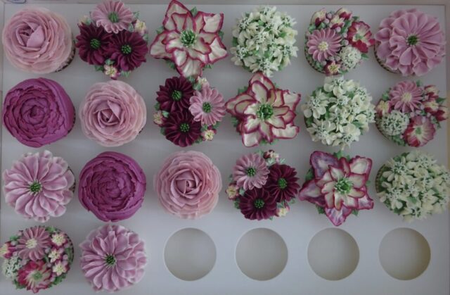 "Boxed Floral cupcakes in Pink and Claret"
