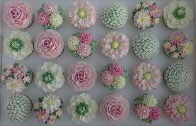 "Boxed Floral Cupcakes in Pinks"