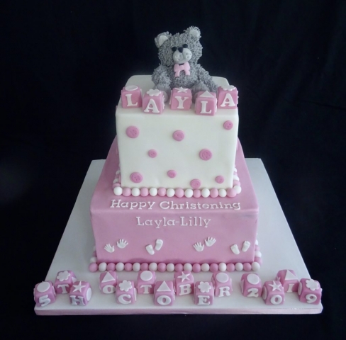 "Girls Grey Teddy Christening Cake"