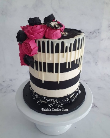 "Monochrome with Flowers Cake"