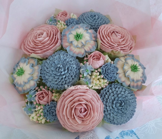 "Medium Bouquet Baby Blues Dusky Pinks"